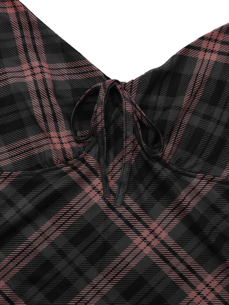 Braun 1930er Plaid Suspender V-Ausschnitt Schlank Maxi Kleid