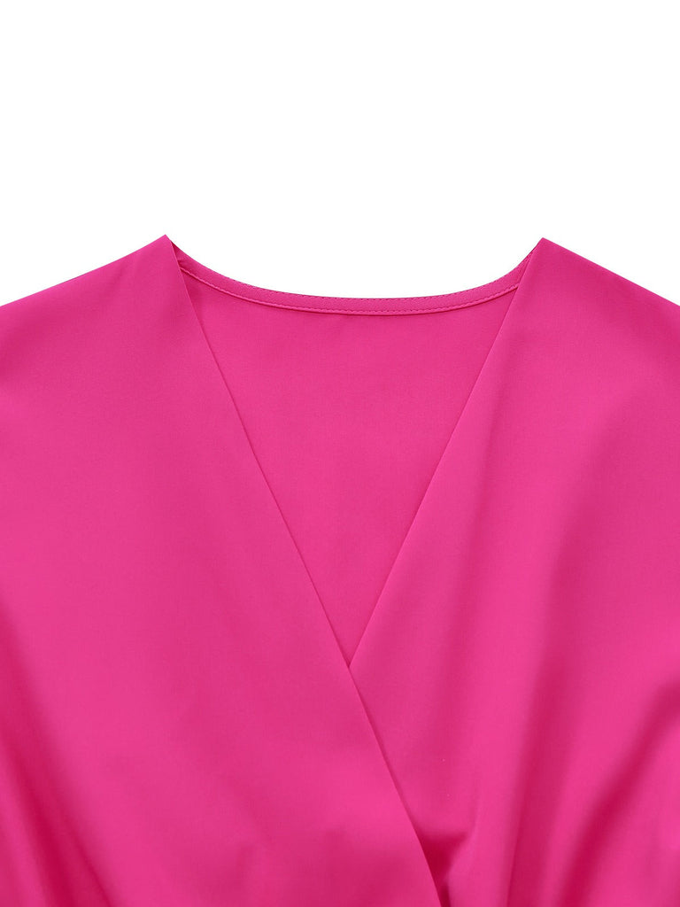 Rosa 1960er Solide Tiefer V Gürtel Laternenärmel Jumpsuit
