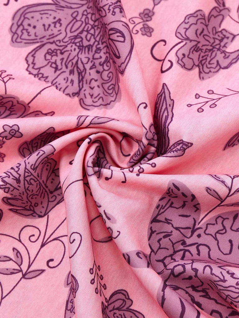 Rosa 1970er Spaghettiträger Blumen Gesmokt Jumpsuit