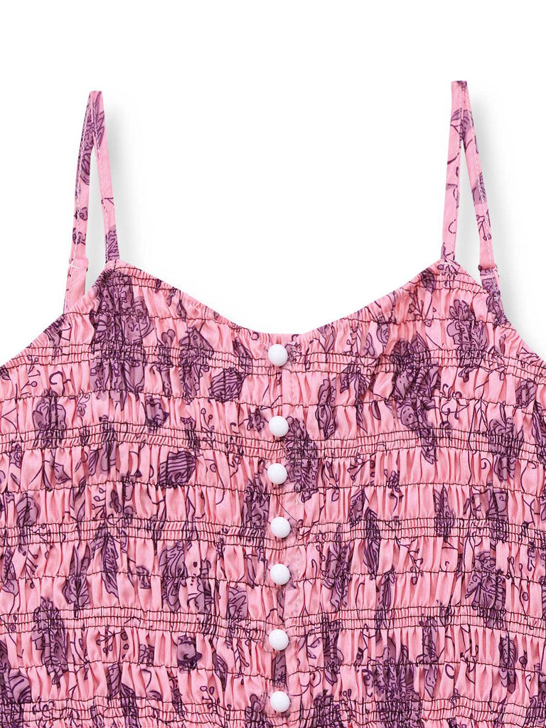 Rosa 1970er Spaghettiträger Blumen Gesmokt Jumpsuit