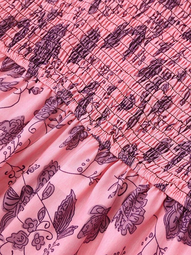 Rosa 1970er Spaghettiträger Blumen Gesmokt Jumpsuit