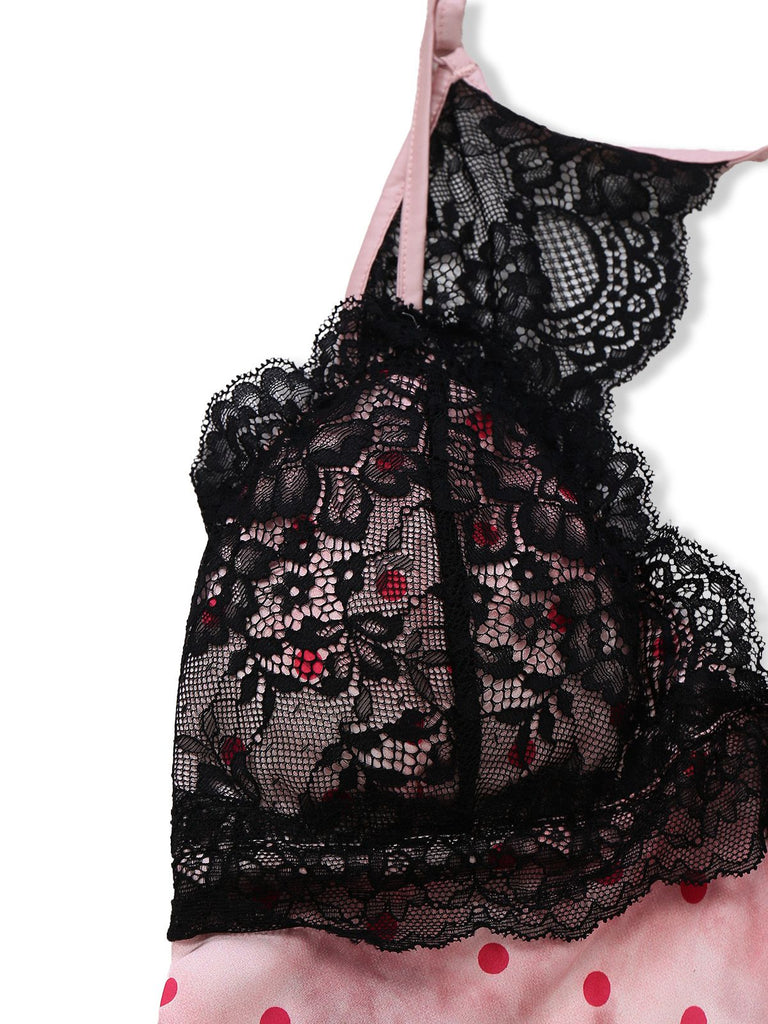 Rosa 1940er Satin Polka Dot Spitze Besatz Rückenfrei Nachthemd