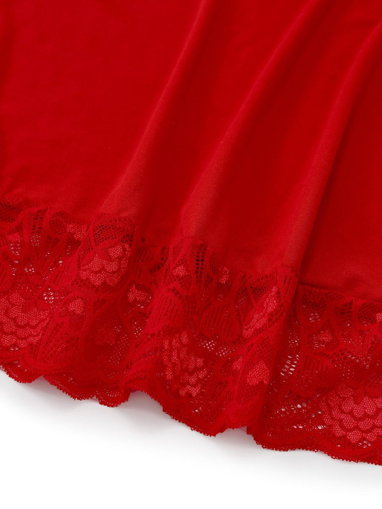 Rot 1940er Spaghetti Träger Spitze Besatz Nachthemd