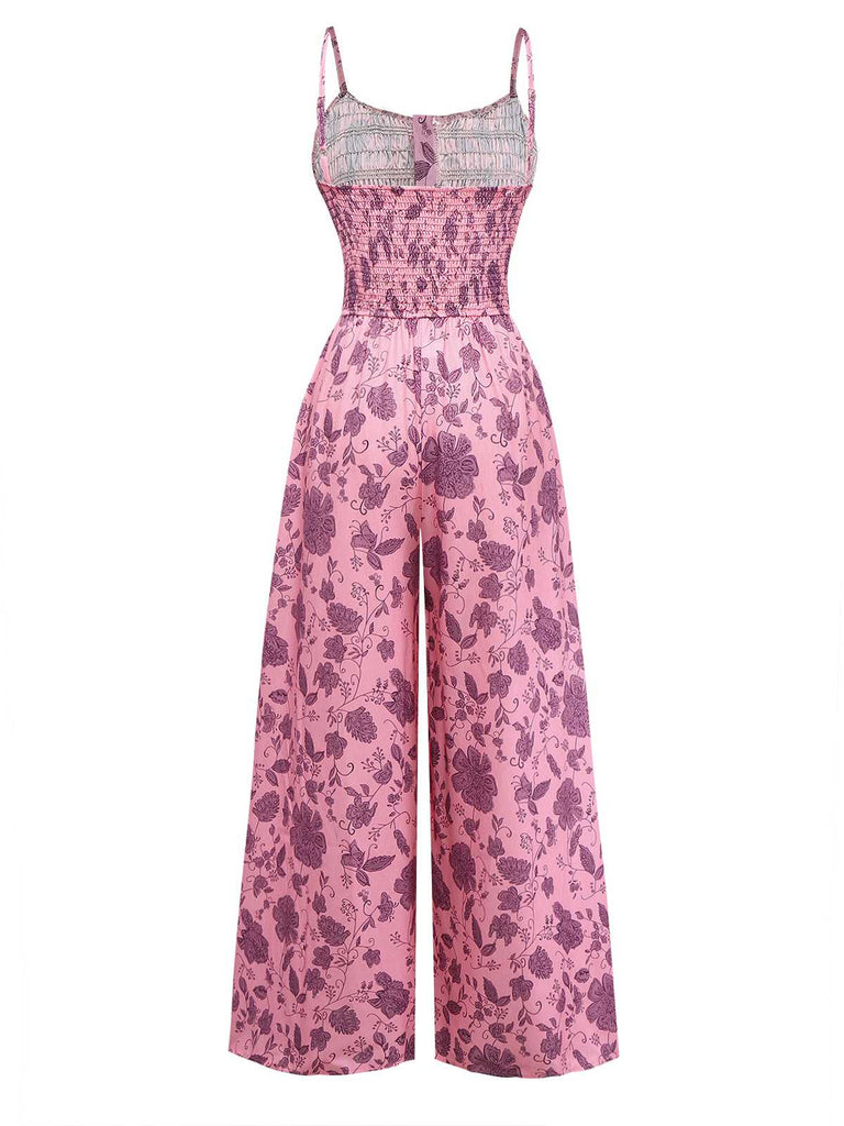 Rosa 1970er Spaghettiträger Blumen Gesmokt Jumpsuit