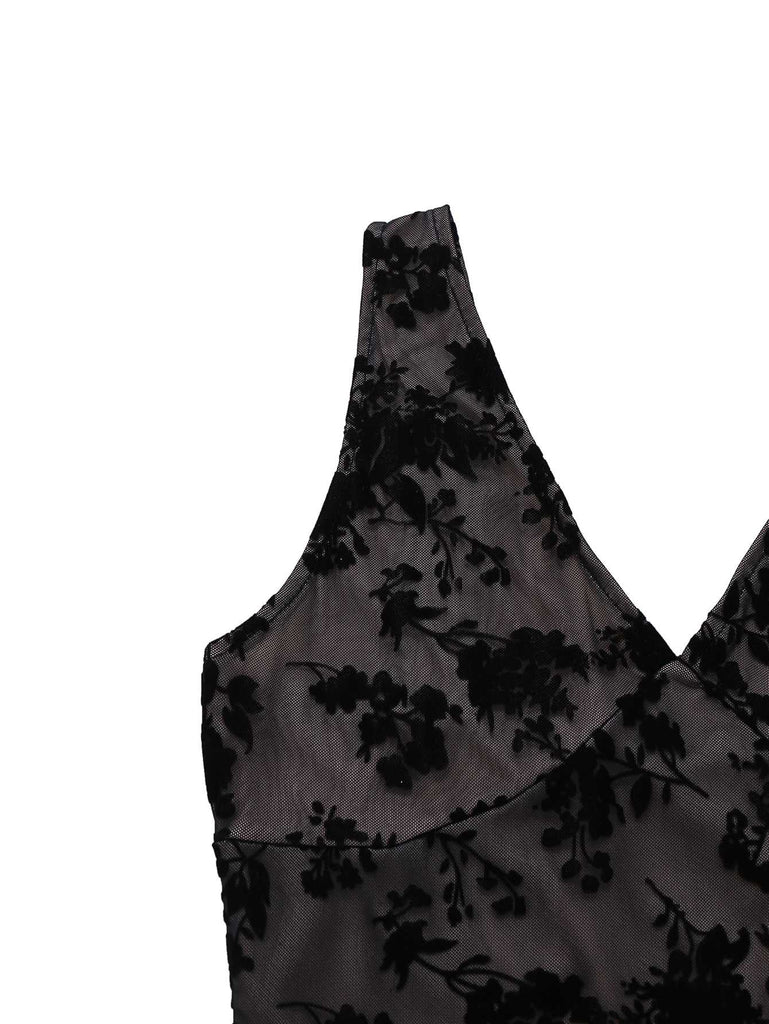 Schwarz 1960er Blumen Beflocktes Netz Rüschensaum Kleid