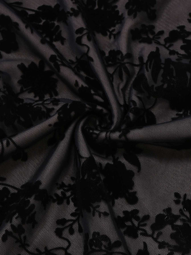 Schwarz 1960er Blumen Beflocktes Netz Rüschensaum Kleid