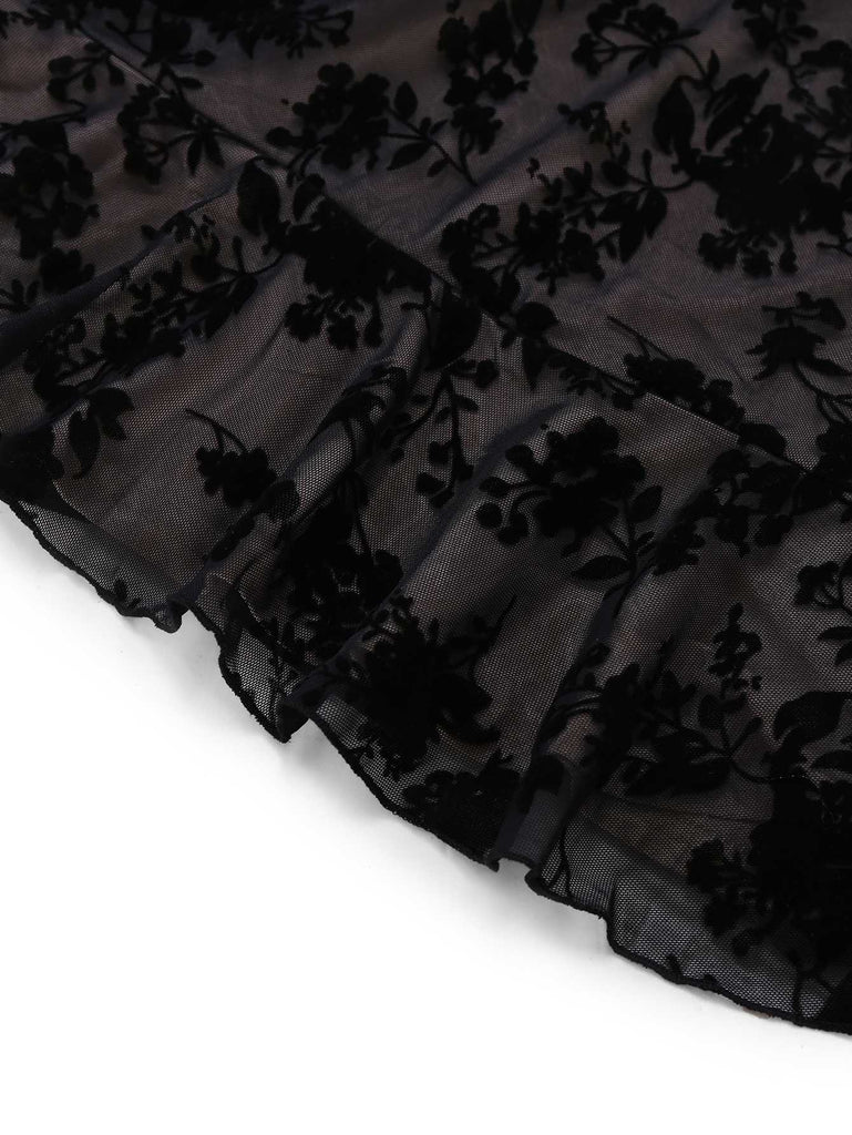 Schwarz 1960er Blumen Beflocktes Netz Rüschensaum Kleid