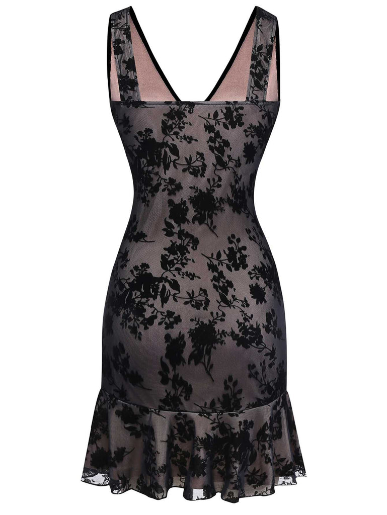 Schwarz 1960er Blumen Beflocktes Netz Rüschensaum Kleid