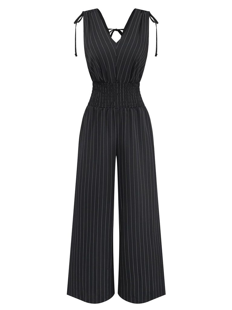 Schwarz 1950er Streifen Schulter-Bindung Gesmokt Taille Jumpsuit