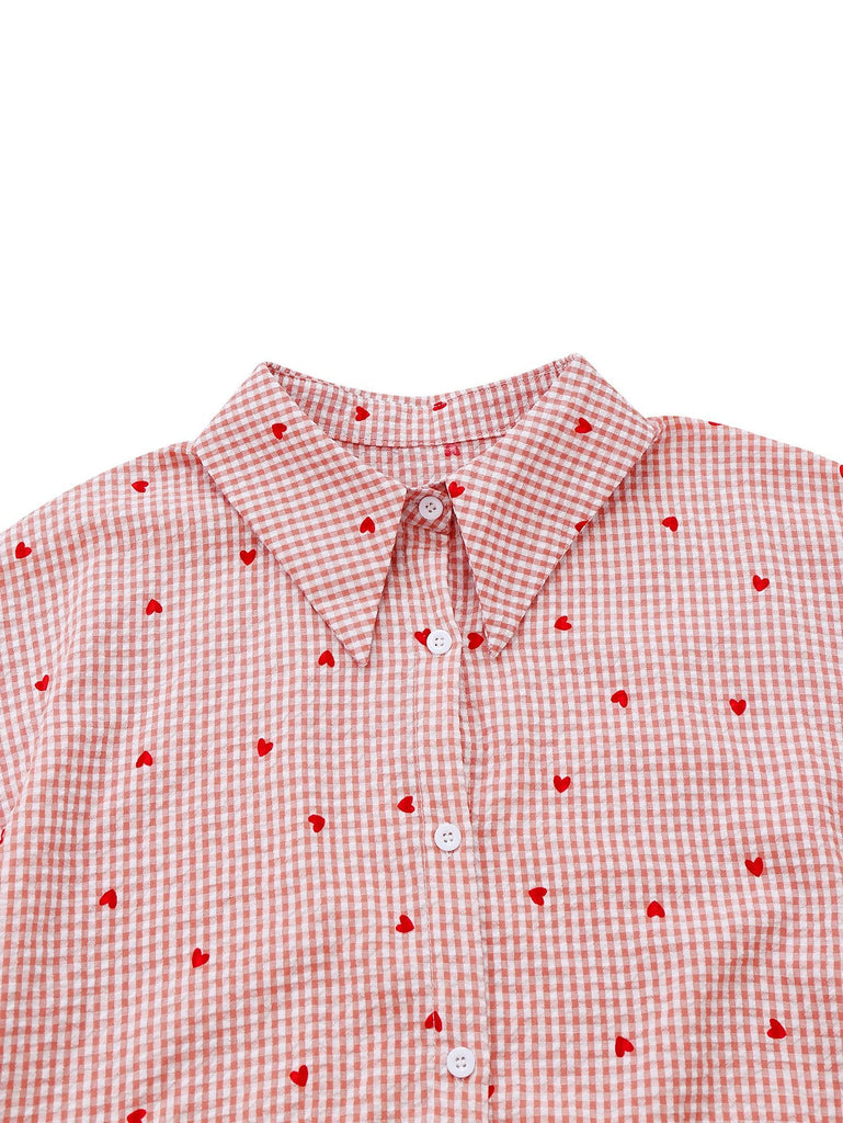 Rosa 1940er Kariert Herz Laternenärmel Gürtel Kleid