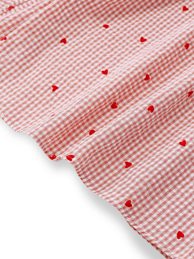 Rosa 1940er Kariert Herz Laternenärmel Gürtel Kleid