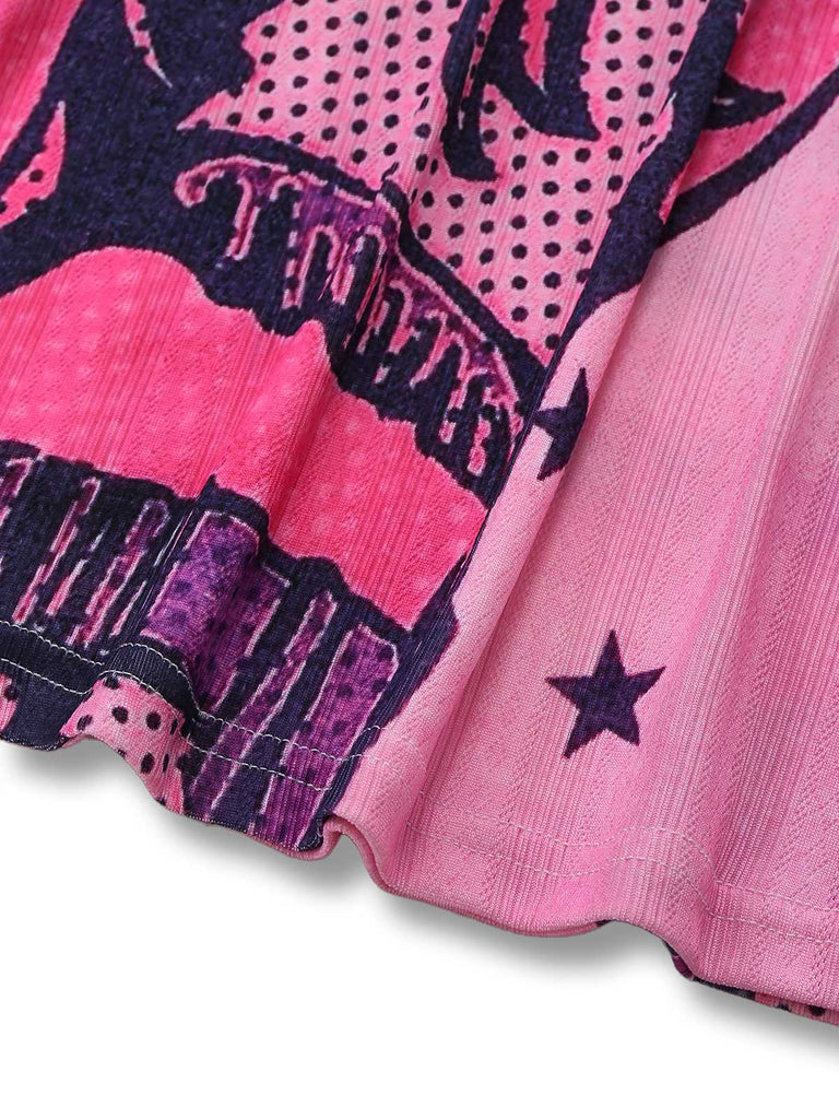Rosa 2000er Slip Spitze Besatz Comic Druck Kleid