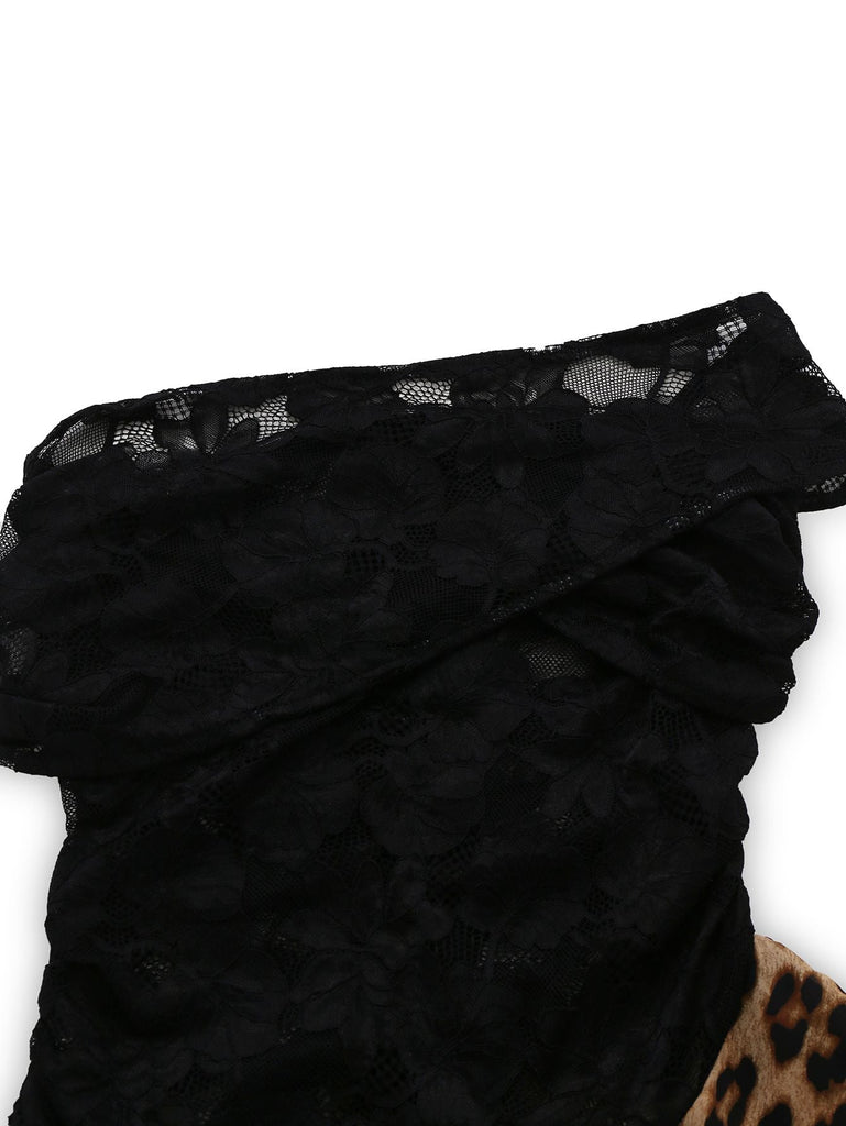 Schwarz 1980er Spitze Leopard Druck Asymmetrisch Kleid