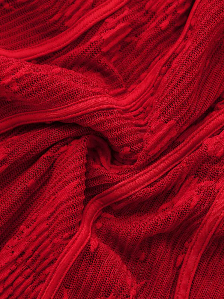 Rot 1960er Blumen Bogen Glockenärmel Gestrickt Kleid