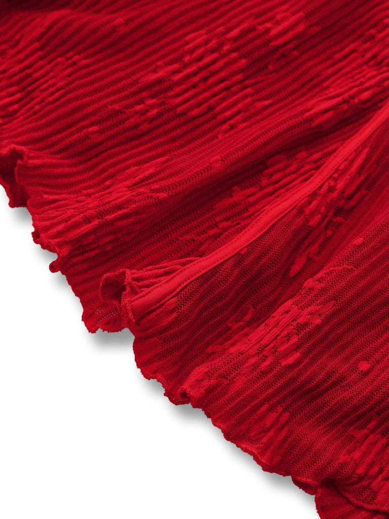 Rot 1960er Blumen Bogen Glockenärmel Gestrickt Kleid