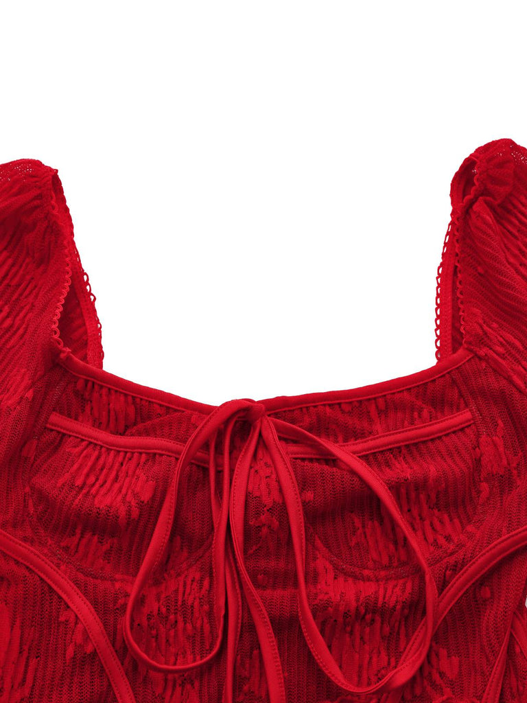 Rot 1960er Blumen Bogen Glockenärmel Gestrickt Kleid