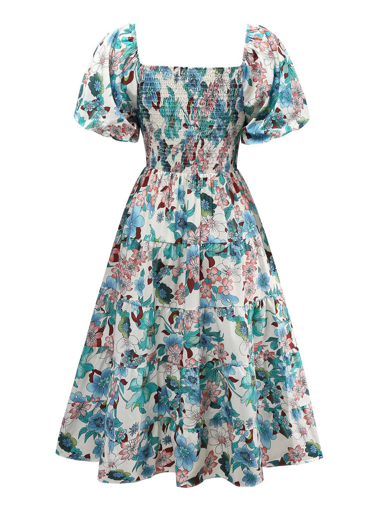 Grün 1950er Blumen Schulterfrei Laternenärmel Bardot Kleid