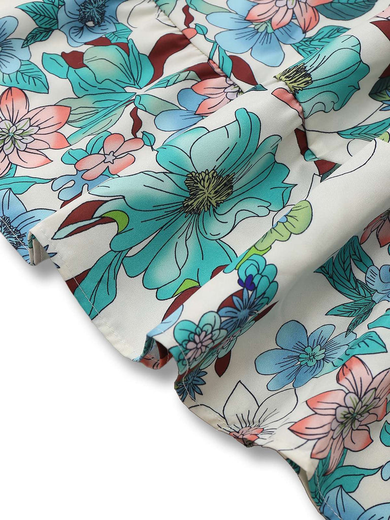 Grün 1950er Blumen Schulterfrei Laternenärmel Bardot Kleid