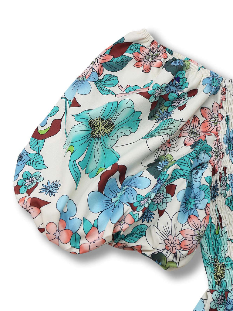 Grün 1950er Blumen Schulterfrei Laternenärmel Bardot Kleid