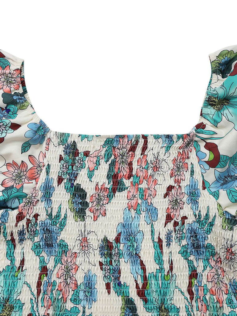 Grün 1950er Blumen Schulterfrei Laternenärmel Bardot Kleid