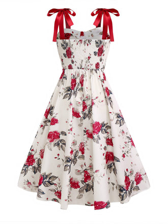 Weiß 1950er Rose Schnürung Swing Kleid