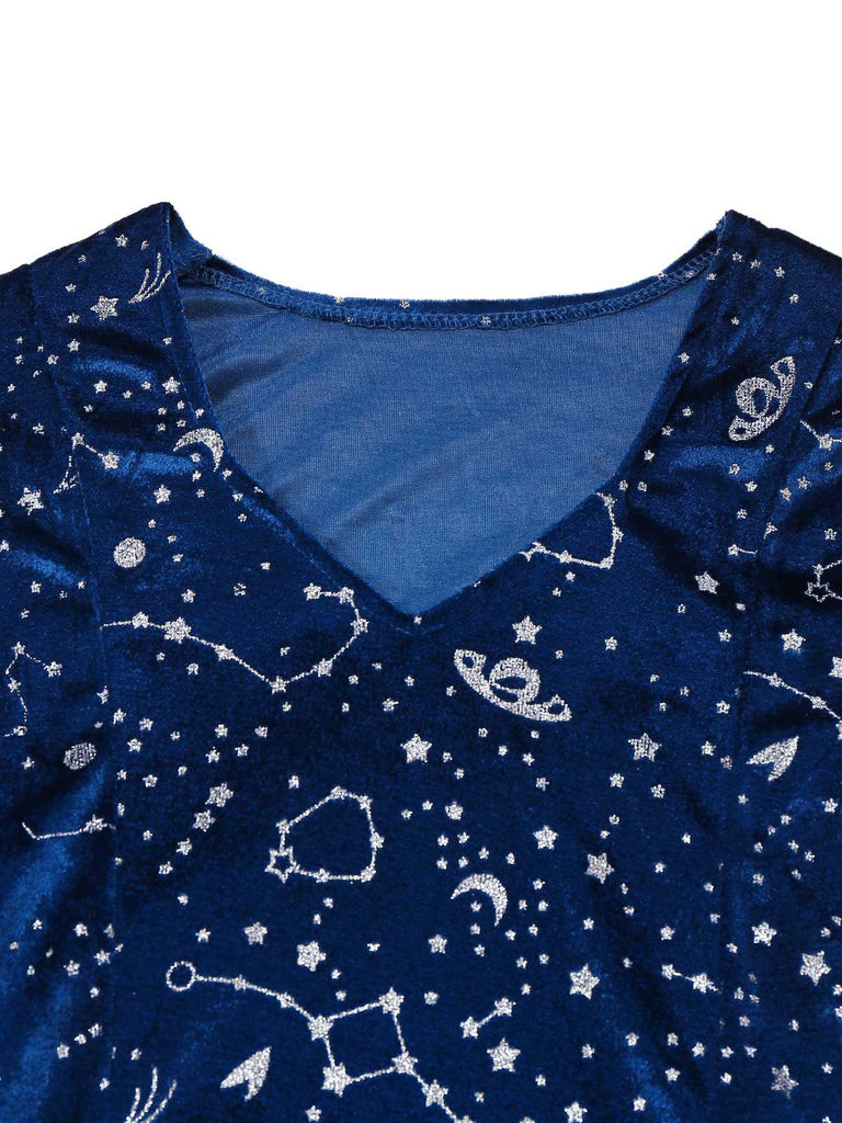 Blau 1970er Halloween Magician Cosplay Schlitz Kleid Mit Hut