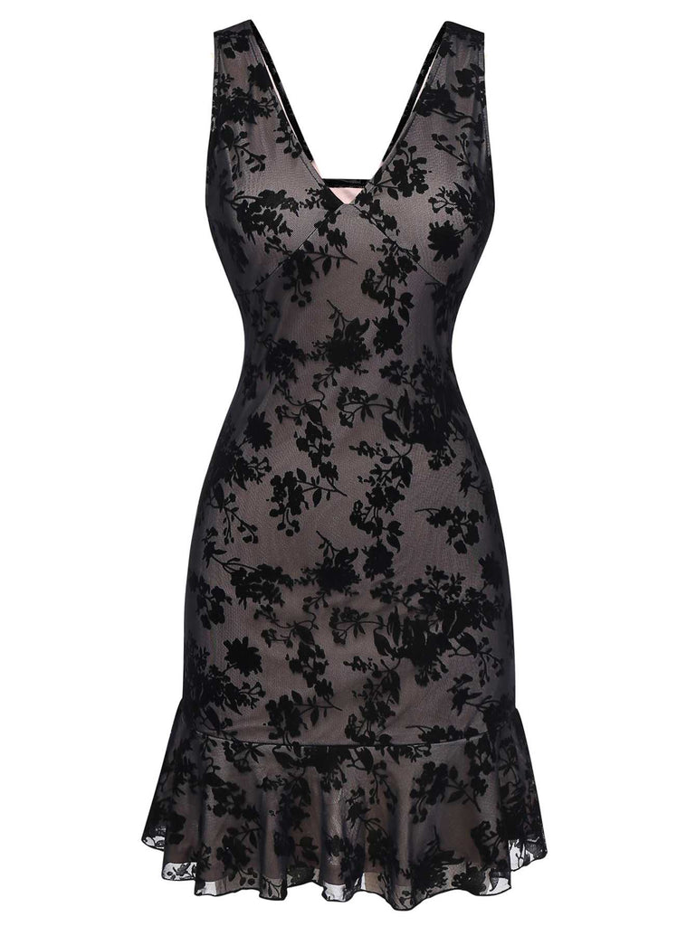 Schwarz 1960er Blumen Beflocktes Netz Rüschensaum Kleid