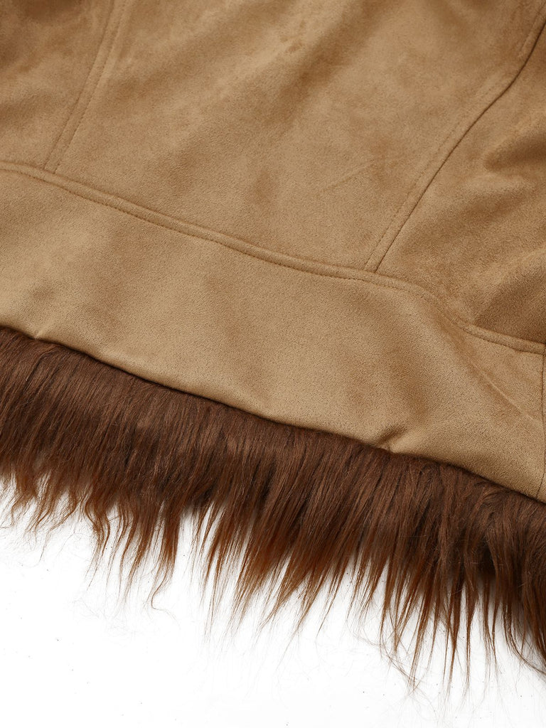 Braun 1970er Kunstwildleder Pelzbesatz Rose Bestickt Jacke