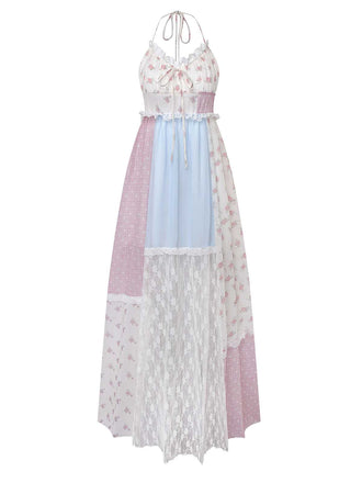 1970er Halter Boho Blumen Spitze Maxi Kleid