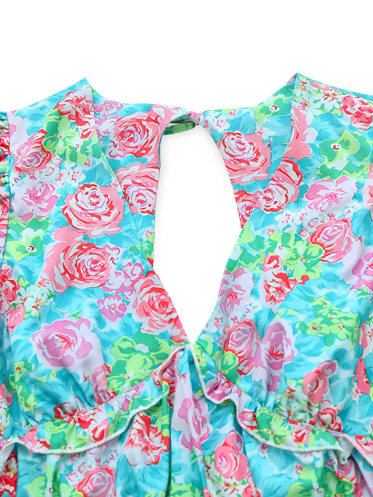 Grün 1970er Boho Blumen V-Ausschnitt Kleid