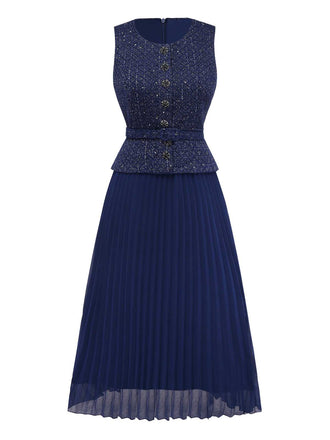 1960er Perle Taste Gürtel Ärmellos Plissiertes Kleid