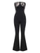 Schwarz 1970er Trägerlos Spitze Panel Ausgestellt Jumpsuit