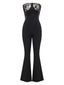 Schwarz 1970er Trägerlos Spitze Panel Ausgestellt Jumpsuit