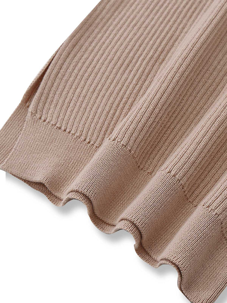 Khaki 1960er Schulterfrei Spitze Schlitz Gestrickt Kleid