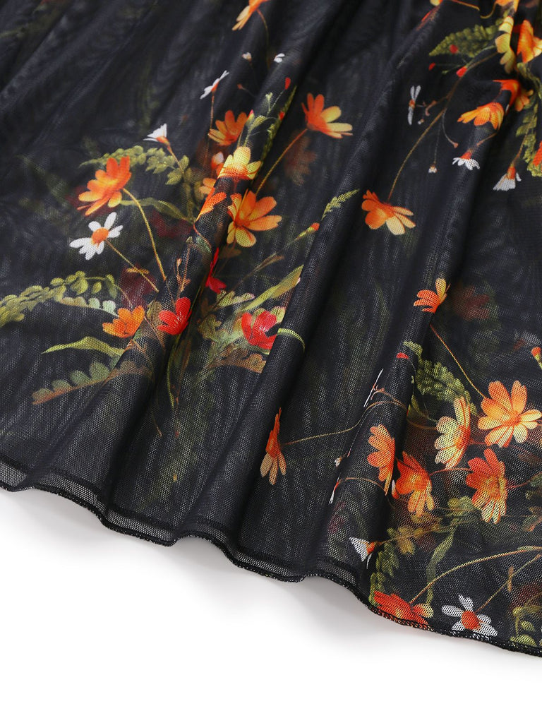 Schwarz 1930er Blumen Netz Rüsche Midi Kleid
