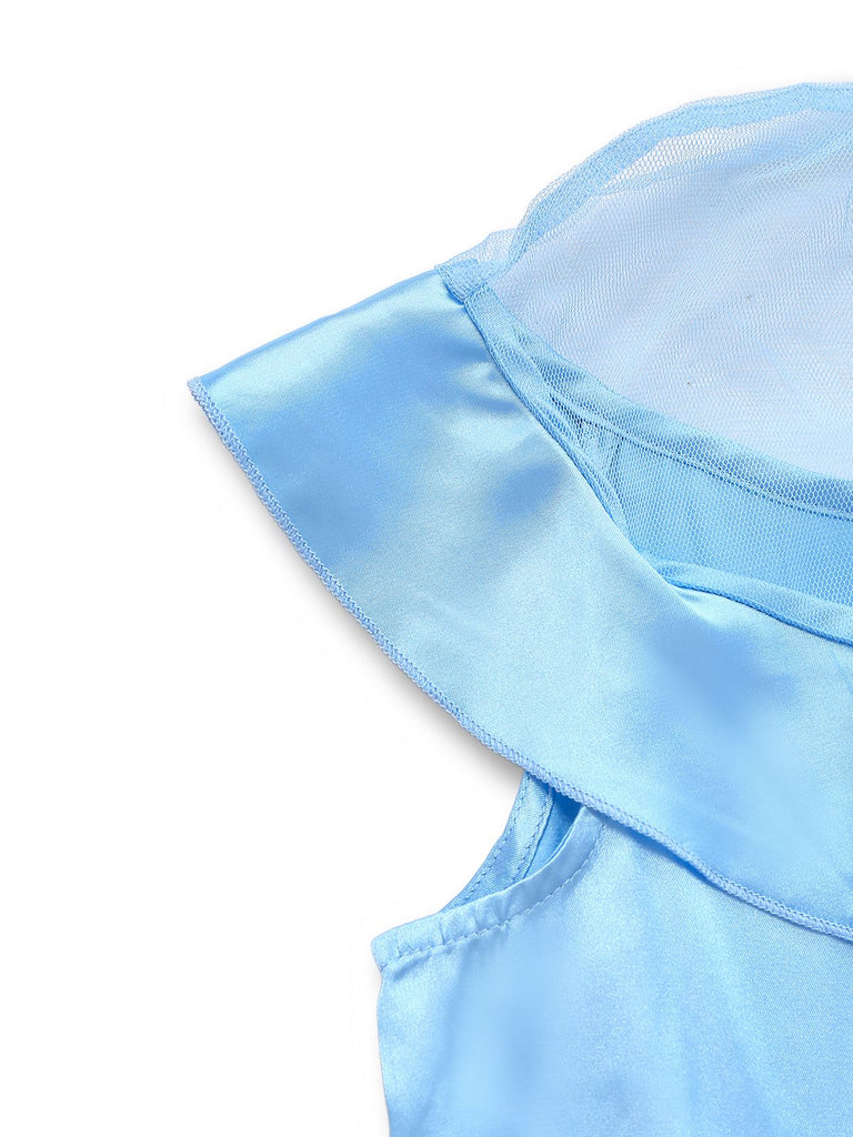 Blau 1940er Satin Netz Gremium Peter-Pan-Kragen Kleid
