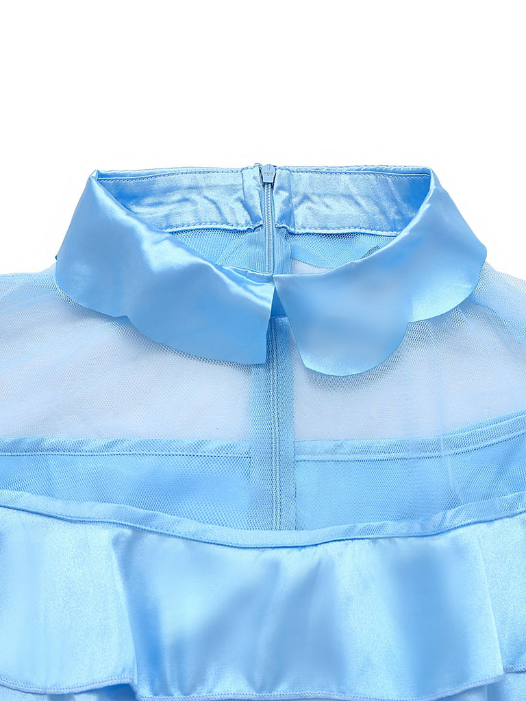Blau 1940er Satin Netz Gremium Peter-Pan-Kragen Kleid