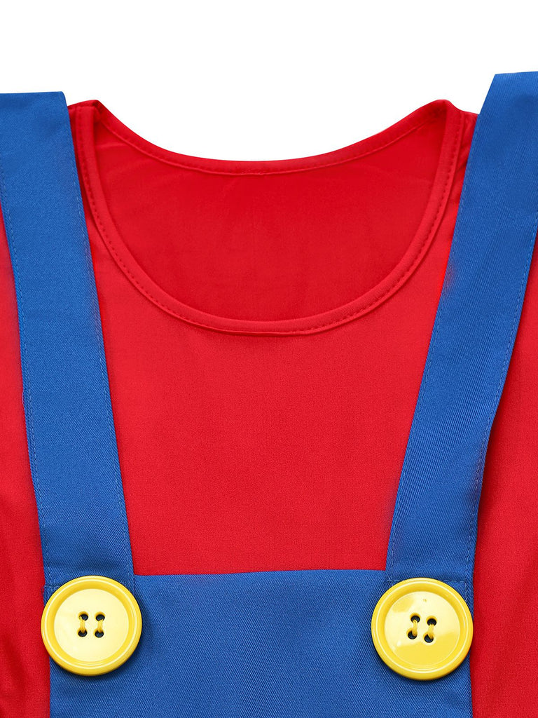 Rot & Blau 1970er Mario Latzkleid Set Mit Hut