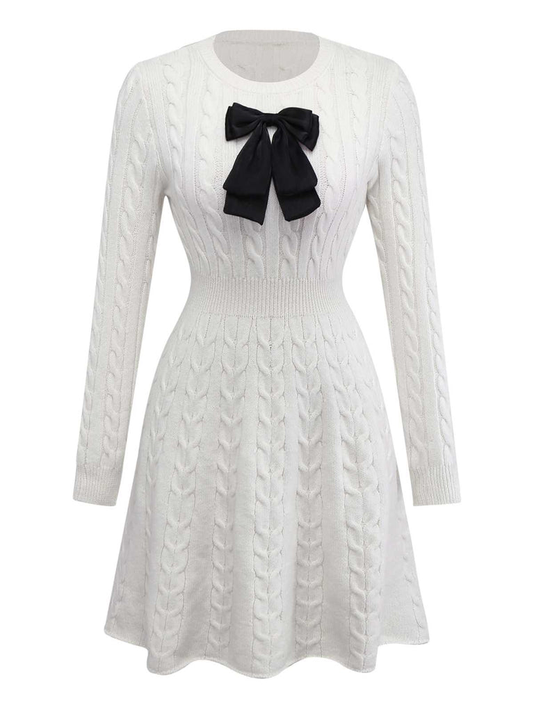 Weiß 1970er Bogen Dekor Stricken Pullover Kleid