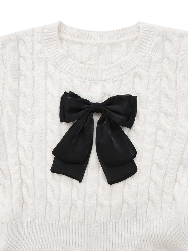 Weiß 1970er Bogen Dekor Stricken Pullover Kleid