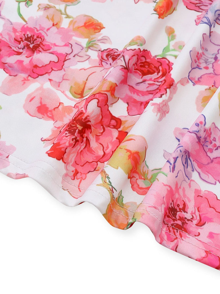 Rosa 1980er Blumen Druck Trägerlos Figurbetont Maxi Kleid