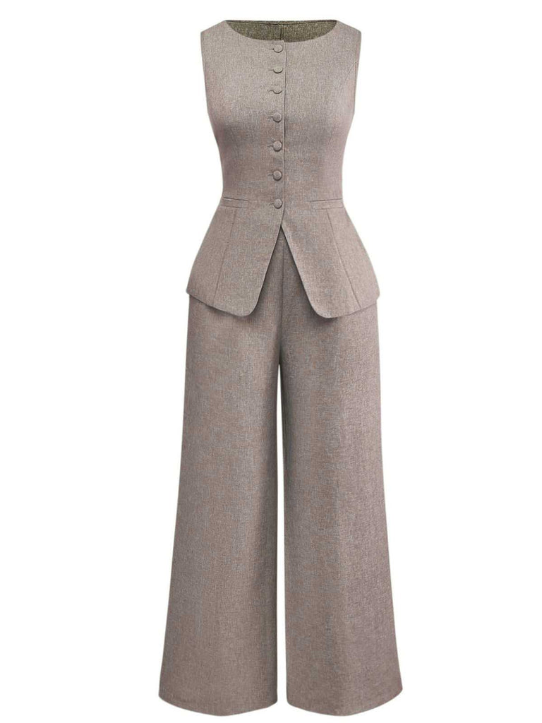 2PCS Solide 1940er Ärmellos Top & Weites Bein Hose