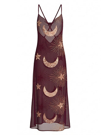 1970er Sheer Celestial Besticktes Pailletten Maxi Cover-Up Kleid
