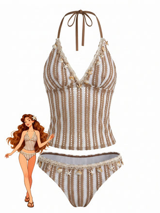 Khakies 50er Tankini-Set mit Streifen und Häkelarbeit