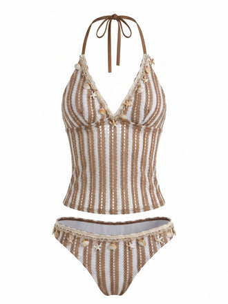 Khakies 50er Tankini-Set mit Streifen und Häkelarbeit