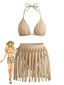 Khaki 70er Bikini-Set mit Fransen-Patchwork und Neckholder