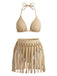 Khaki 70er Bikini-Set & Shorts mit Neckholder und Patchwork