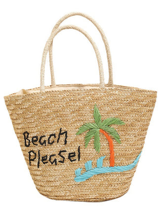 Khakie Beach Tasche mit bestickt, Palmen und Stroh