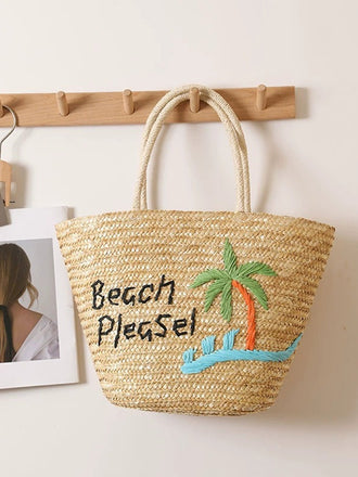 Khakie Beach Tasche mit bestickt, Palmen und Stroh