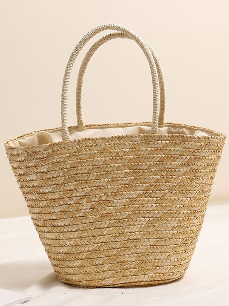 Khakie Beach Tasche mit bestickt, Palmen und Stroh